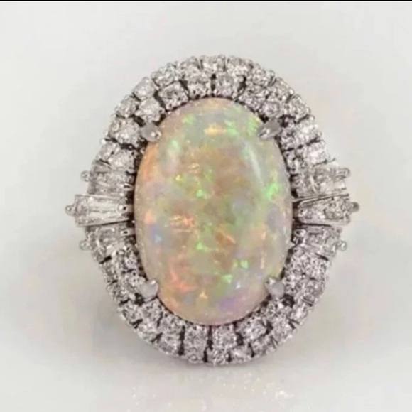 14K White Gold Ring Opal 5CT Halo Diamond Oval Baguette Wedding Engagement - Picture 2 of 11